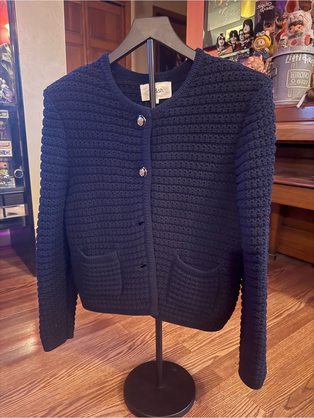 Ba&sh Navy Textured Knit Button-Front Sweater